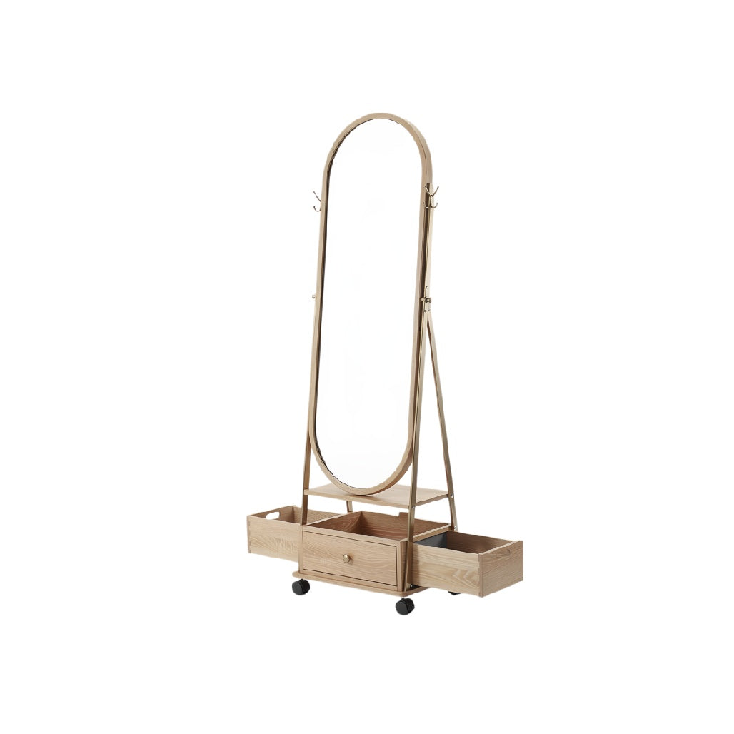 Multi-Functional Wooden Mirror Stand with Storage Bins on Wheels